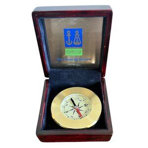 DNV Det Norske Veritas Navigation Compass With Engraved Wooden Box & Hinged Lid